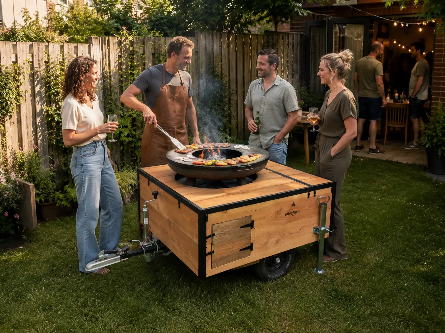 Vrienden rondom de BBQ aanhanger in een tuin